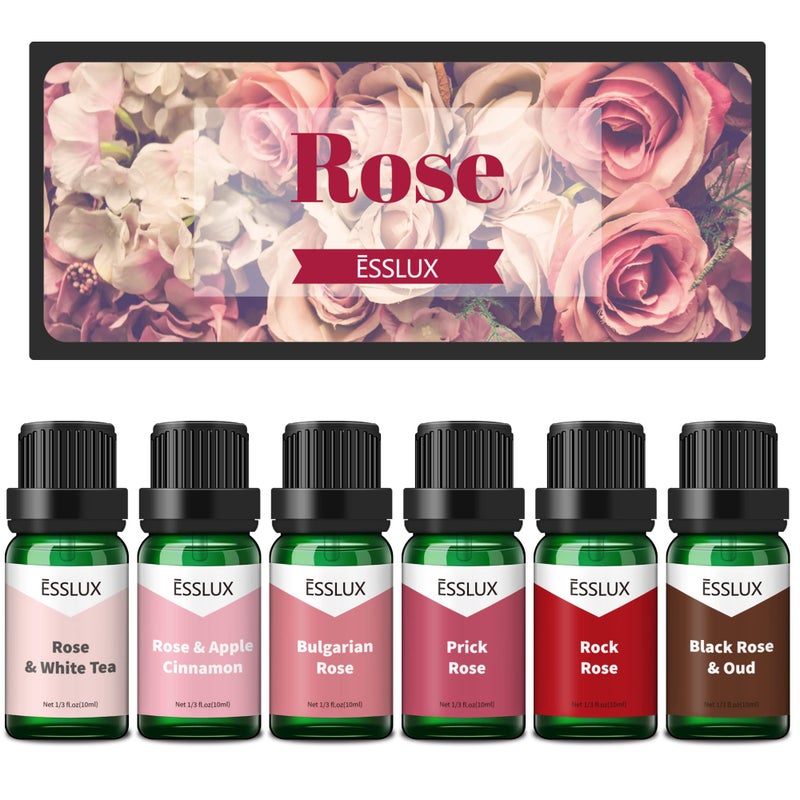 Rose Fragrance Oil ESSLUX Premium Floral Scented Oils for Diffuser Soap Candle Making Scents Rose Essential Oils Gift Set for Home Fragrance Bulgarian Rose Black Rose Oud Rock Rose and More